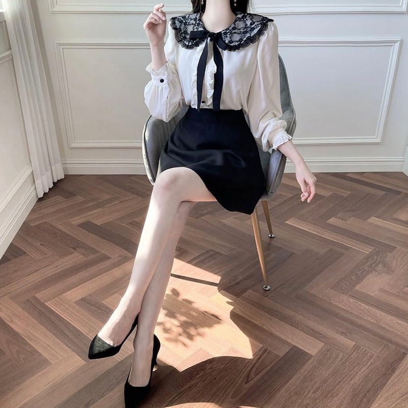 現貨+預購*法式地雷系蕾絲娃娃領撞色荷葉邊蝴蝶結雪紡襯衫 lolita 量產型 宮廷風 軟妹 華麗 復古 甜美 襯衫-細節圖9