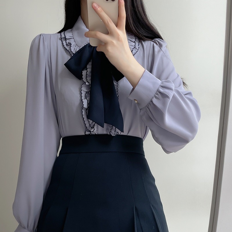 預購*地雷系荷葉邊紫色蕾絲蝴蝶結領結綁帶長袖襯衫 撞色 雪紡 量產型 復古 設計感 lolita 蘿莉塔 軟妹 上衣-細節圖2