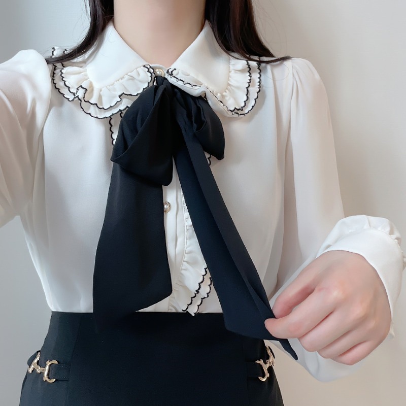 預購*地雷系荷葉邊紫色蕾絲蝴蝶結領結綁帶長袖襯衫 撞色 雪紡 量產型 復古 設計感 lolita 蘿莉塔 軟妹 上衣-細節圖3