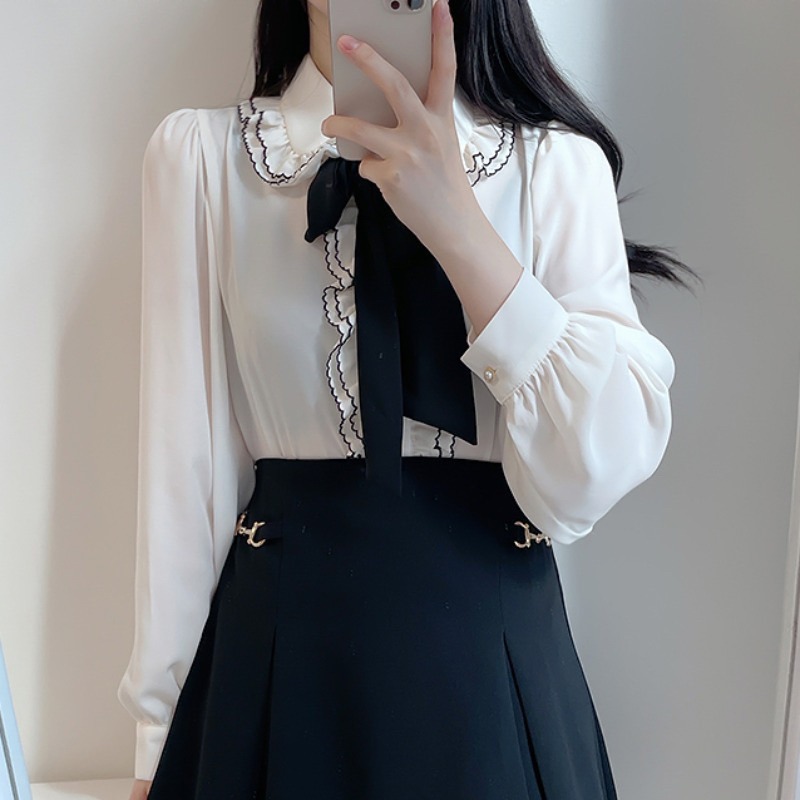 預購*地雷系荷葉邊紫色蕾絲蝴蝶結領結綁帶長袖襯衫 撞色 雪紡 量產型 復古 設計感 lolita 蘿莉塔 軟妹 上衣-細節圖4