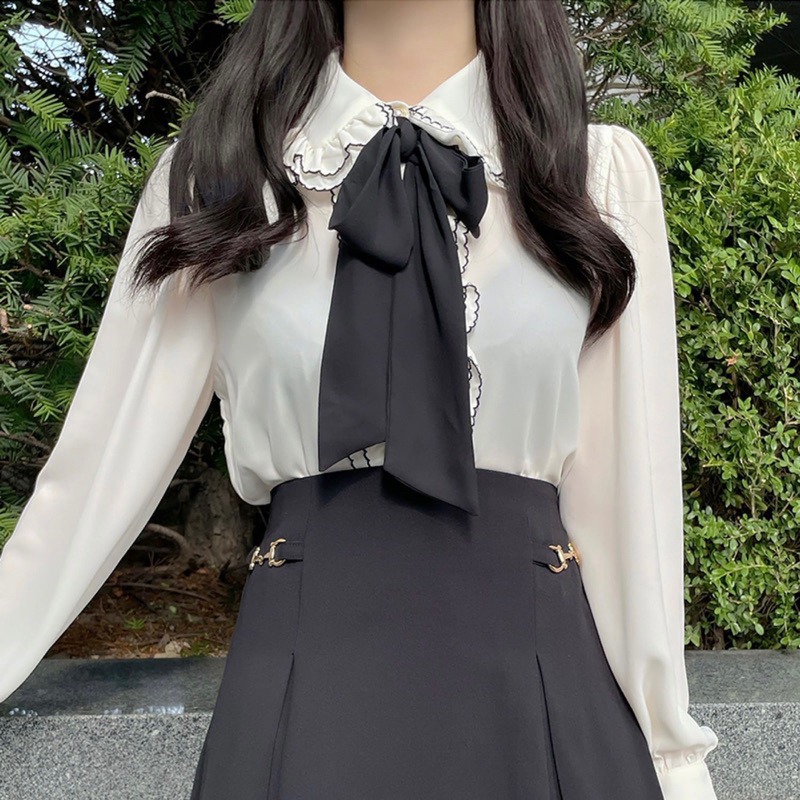 預購*地雷系荷葉邊紫色蕾絲蝴蝶結領結綁帶長袖襯衫 撞色 雪紡 量產型 復古 設計感 lolita 蘿莉塔 軟妹 上衣-細節圖5