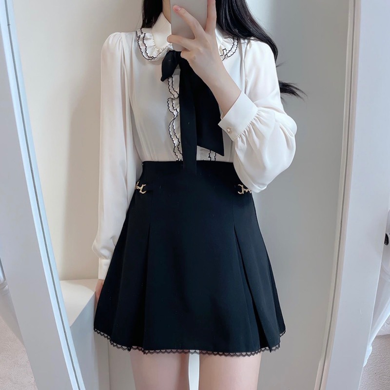 預購*地雷系荷葉邊紫色蕾絲蝴蝶結領結綁帶長袖襯衫 撞色 雪紡 量產型 復古 設計感 lolita 蘿莉塔 軟妹 上衣-細節圖7