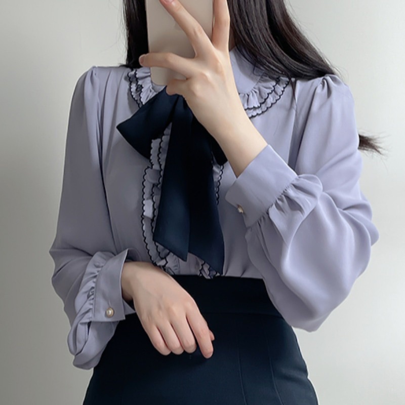 預購*地雷系荷葉邊紫色蕾絲蝴蝶結領結綁帶長袖襯衫 撞色 雪紡 量產型 復古 設計感 lolita 蘿莉塔 軟妹 上衣-細節圖8