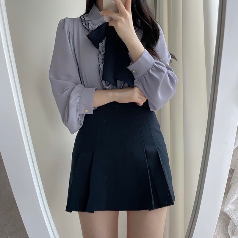 預購*地雷系荷葉邊紫色蕾絲蝴蝶結領結綁帶長袖襯衫 撞色 雪紡 量產型 復古 設計感 lolita 蘿莉塔 軟妹 上衣-細節圖9