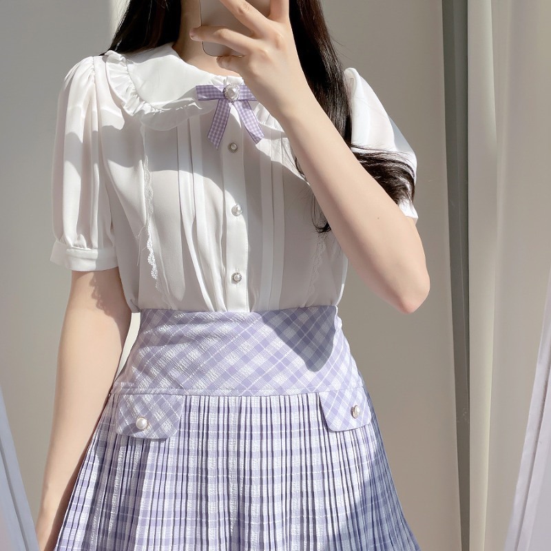 預購*法式學院風娃娃領珍珠蝴蝶結領結蕾絲花邊短袖雪紡襯衫 lolita 地雷系 設計感 軟妹 華麗 復古 少女內搭 上衣-細節圖4