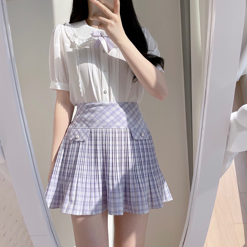 預購*法式學院風娃娃領珍珠蝴蝶結領結蕾絲花邊短袖雪紡襯衫 lolita 地雷系 設計感 軟妹 華麗 復古 少女內搭 上衣-細節圖5