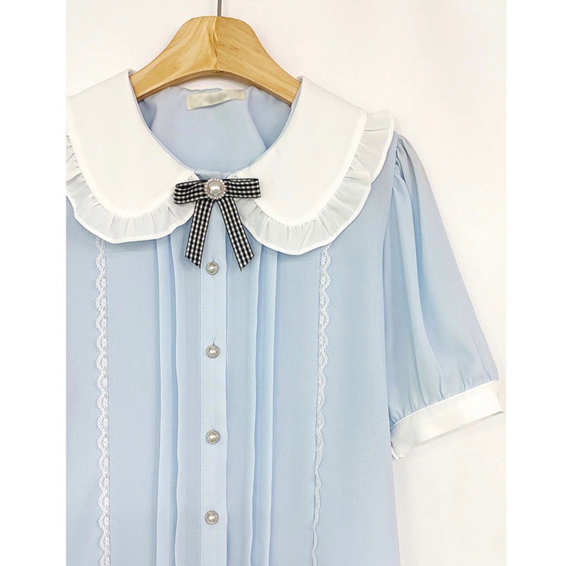 預購*法式學院風娃娃領珍珠蝴蝶結領結蕾絲花邊短袖雪紡襯衫 lolita 地雷系 設計感 軟妹 華麗 復古 少女內搭 上衣-細節圖7