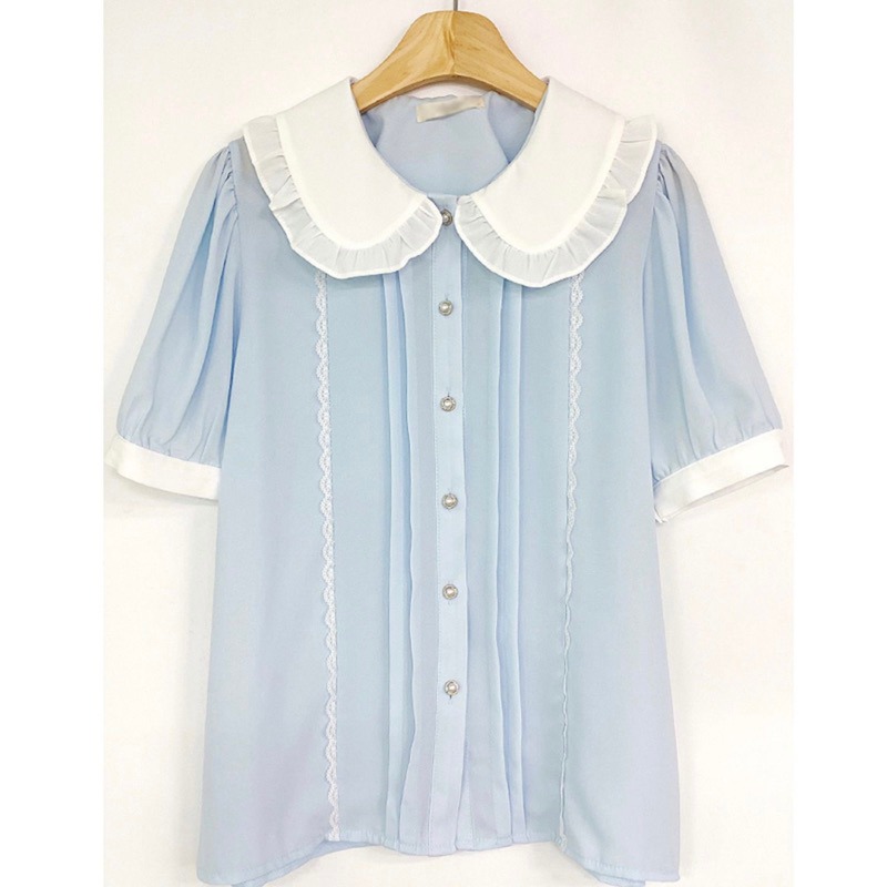 預購*法式學院風娃娃領珍珠蝴蝶結領結蕾絲花邊短袖雪紡襯衫 lolita 地雷系 設計感 軟妹 華麗 復古 少女內搭 上衣-細節圖8