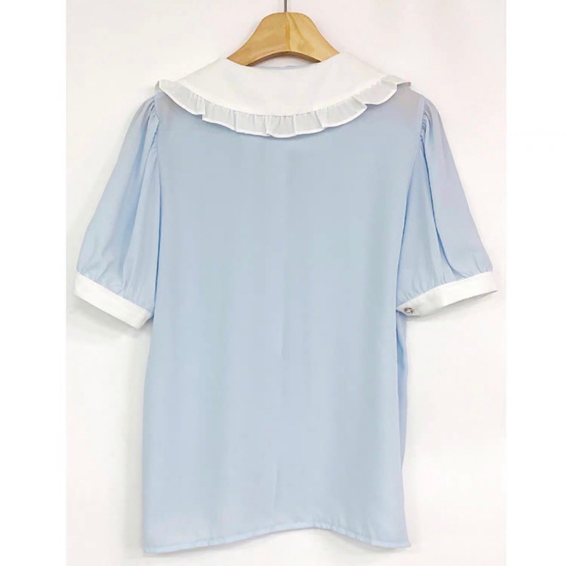 預購*法式學院風娃娃領珍珠蝴蝶結領結蕾絲花邊短袖雪紡襯衫 lolita 地雷系 設計感 軟妹 華麗 復古 少女內搭 上衣-細節圖9