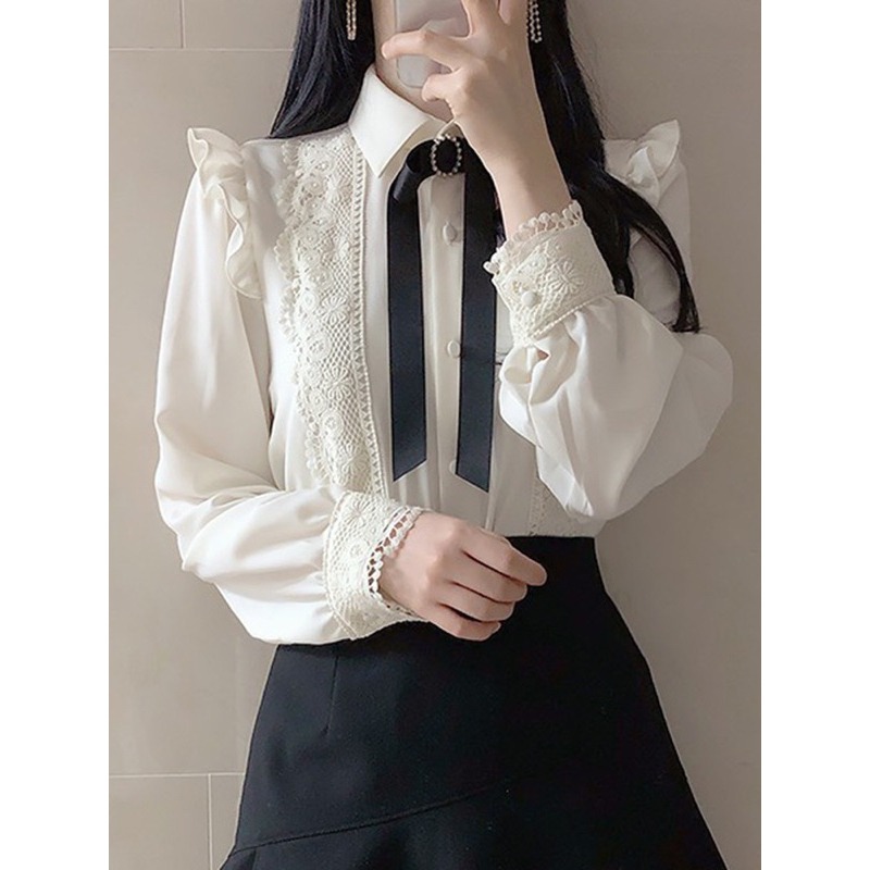 預購*法式設計感宮廷小香風蕾絲荷葉邊黑色蝴蝶結襯衫 lolita 地雷系 量產型 軟妹 華麗 復古 甜美 少女-細節圖2