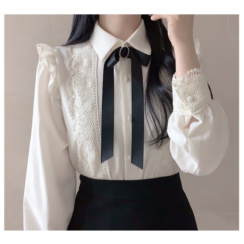預購*法式設計感宮廷小香風蕾絲荷葉邊黑色蝴蝶結襯衫 lolita 地雷系 量產型 軟妹 華麗 復古 甜美 少女-細節圖3