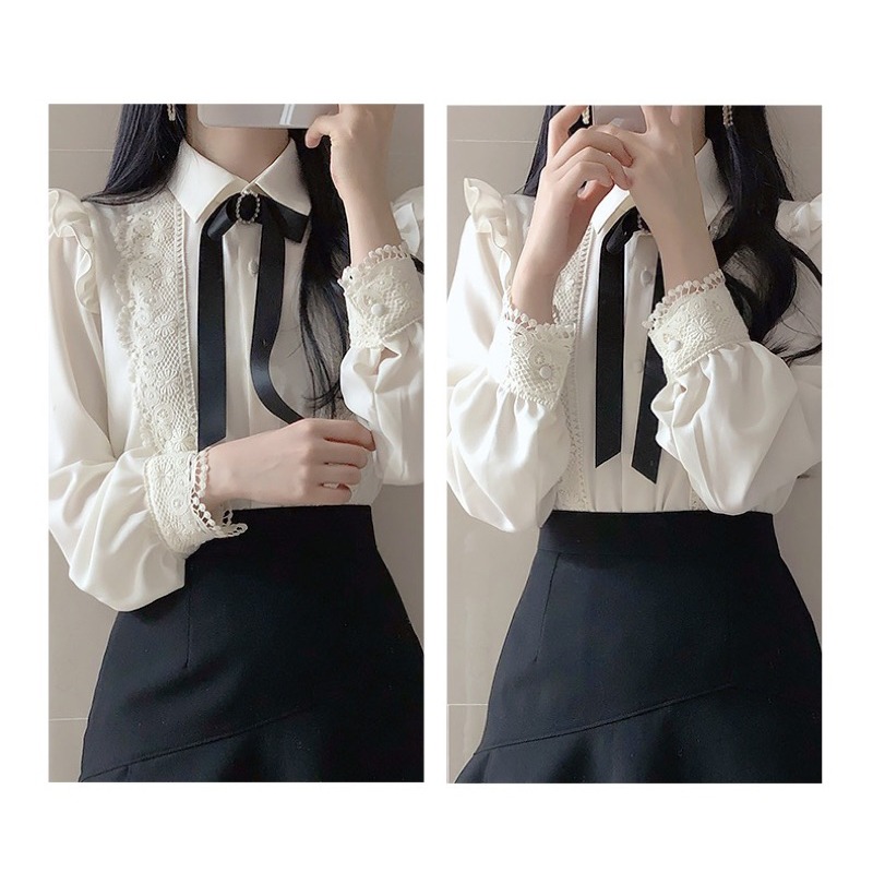 預購*法式設計感宮廷小香風蕾絲荷葉邊黑色蝴蝶結襯衫 lolita 地雷系 量產型 軟妹 華麗 復古 甜美 少女-細節圖4