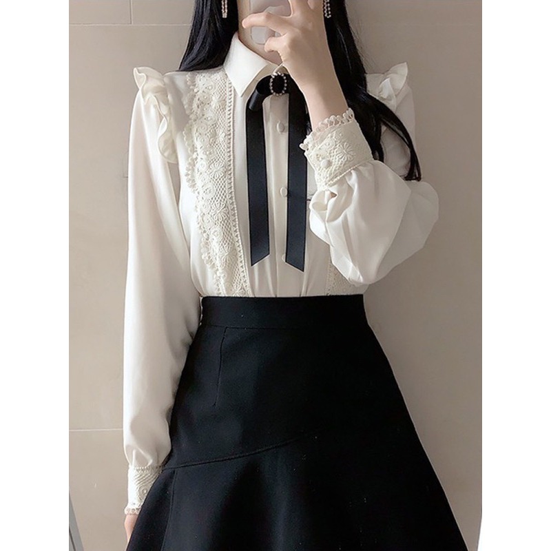 預購*法式設計感宮廷小香風蕾絲荷葉邊黑色蝴蝶結襯衫 lolita 地雷系 量產型 軟妹 華麗 復古 甜美 少女-細節圖5