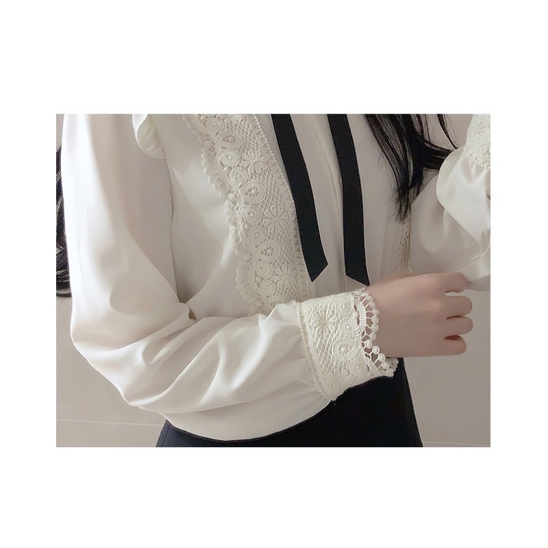 預購*法式設計感宮廷小香風蕾絲荷葉邊黑色蝴蝶結襯衫 lolita 地雷系 量產型 軟妹 華麗 復古 甜美 少女-細節圖6