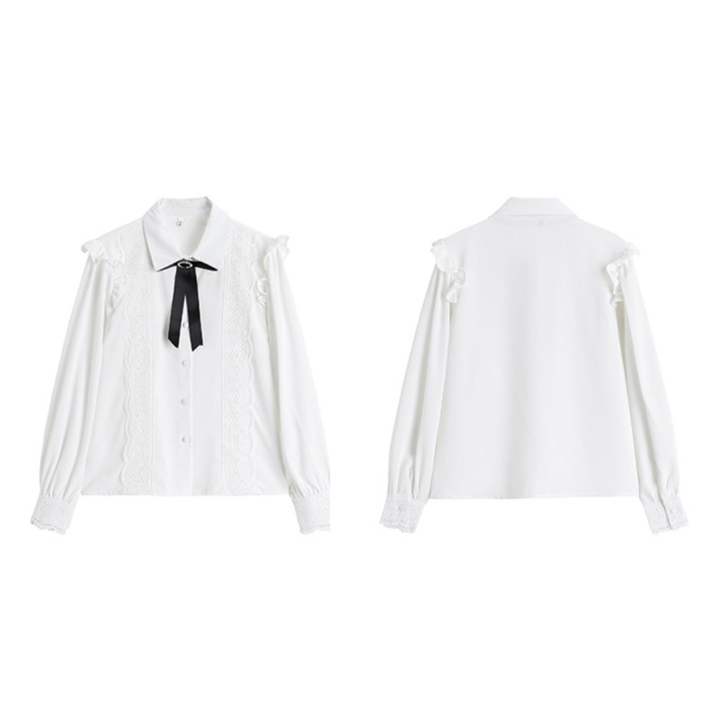 預購*法式設計感宮廷小香風蕾絲荷葉邊黑色蝴蝶結襯衫 lolita 地雷系 量產型 軟妹 華麗 復古 甜美 少女-細節圖7