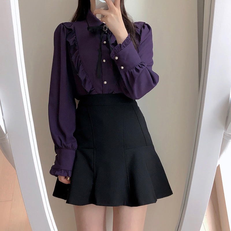 現貨+預購*魔女風歌德紫色綠色荷葉邊蕾絲蝴蝶結領結長袖襯衫 法式 復古 設計感 宮廷風 lolita 蘿莉塔 地雷系-細節圖4