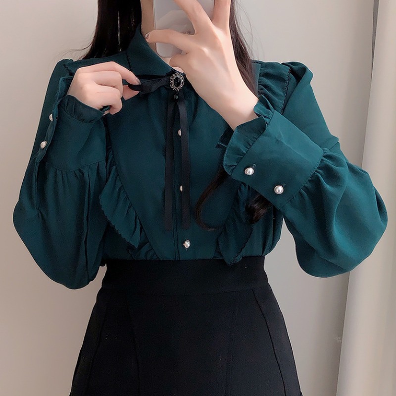 現貨+預購*魔女風歌德紫色綠色荷葉邊蕾絲蝴蝶結領結長袖襯衫 法式 復古 設計感 宮廷風 lolita 蘿莉塔 地雷系-細節圖8