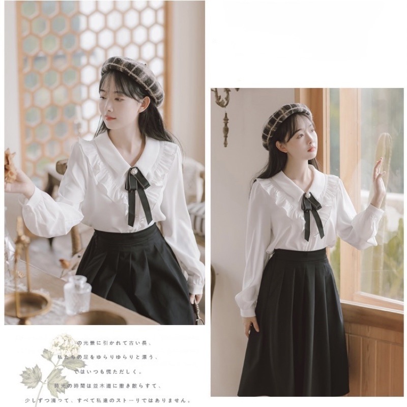 現貨+預購*法式復古千金荷葉邊蝴蝶結領結設計感長袖襯衫 lolita 蘿莉塔 學院風 日系 少女 休閒 裙子 上衣-細節圖2