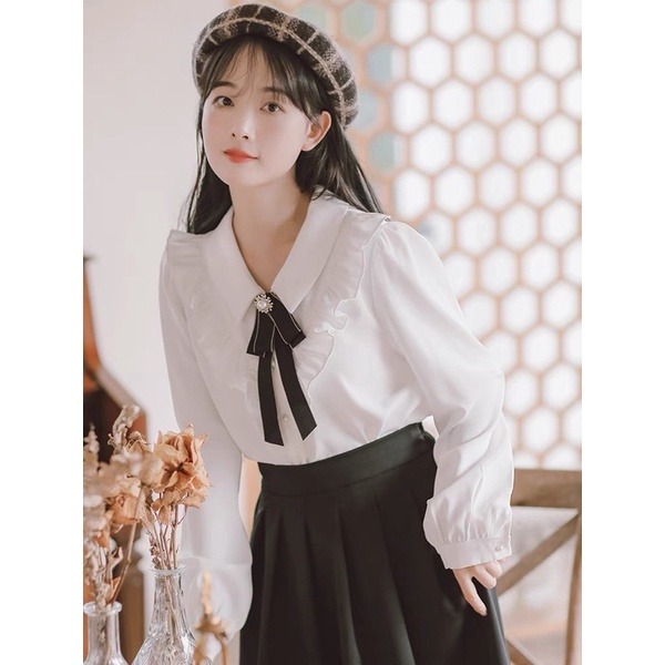 現貨+預購*法式復古千金荷葉邊蝴蝶結領結設計感長袖襯衫 lolita 蘿莉塔 學院風 日系 少女 休閒 裙子 上衣-細節圖3