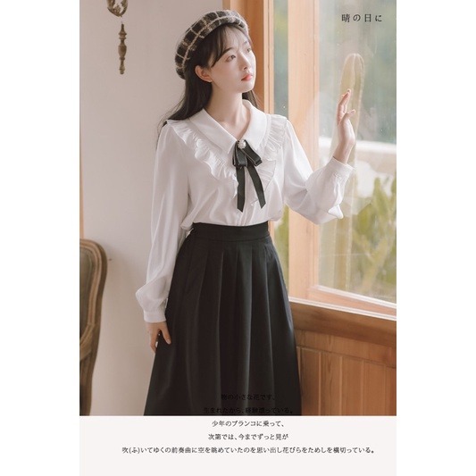 現貨+預購*法式復古千金荷葉邊蝴蝶結領結設計感長袖襯衫 lolita 蘿莉塔 學院風 日系 少女 休閒 裙子 上衣-細節圖4