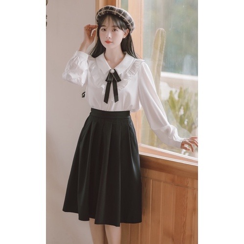 現貨+預購*法式復古千金荷葉邊蝴蝶結領結設計感長袖襯衫 lolita 蘿莉塔 學院風 日系 少女 休閒 裙子 上衣-細節圖5