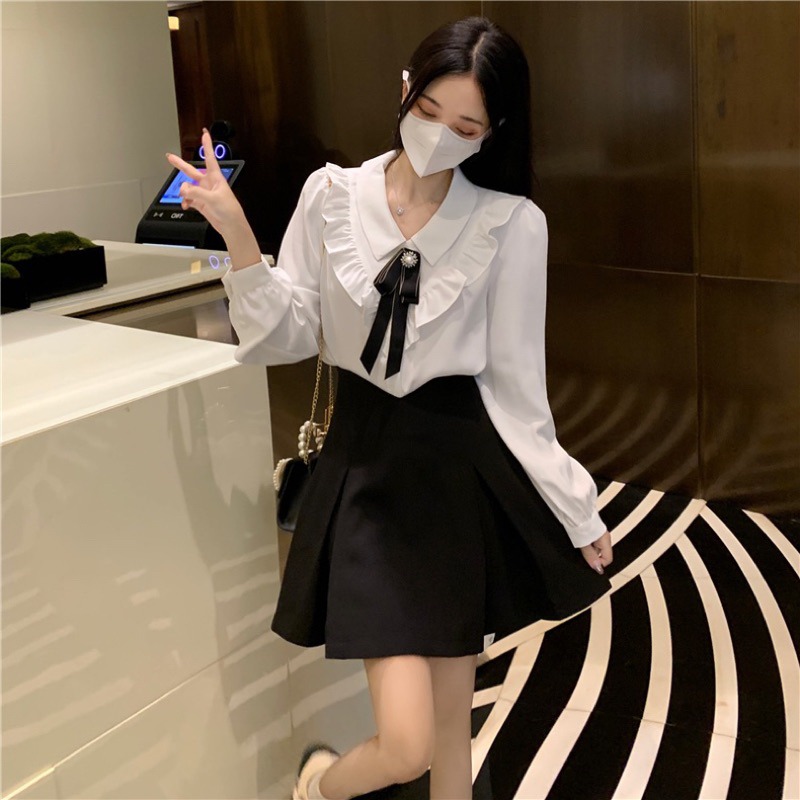 現貨+預購*法式復古千金荷葉邊蝴蝶結領結設計感長袖襯衫 lolita 蘿莉塔 學院風 日系 少女 休閒 裙子 上衣-細節圖6