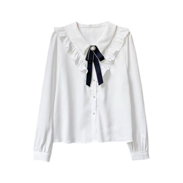 現貨+預購*法式復古千金荷葉邊蝴蝶結領結設計感長袖襯衫 lolita 蘿莉塔 學院風 日系 少女 休閒 裙子 上衣-細節圖8