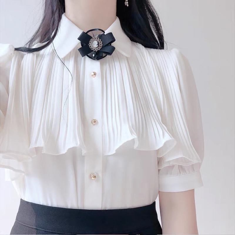 現貨+預購*宮廷風法式荷葉邊蝴蝶結領結雪紡長袖/短袖襯衫 復古 日系 lolita 蘿莉塔 設計感 軟妹 少女 內搭-細節圖2