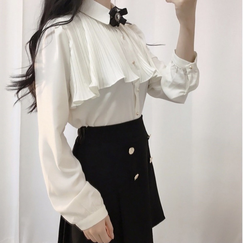 現貨+預購*宮廷風法式荷葉邊蝴蝶結領結雪紡長袖/短袖襯衫 復古 日系 lolita 蘿莉塔 設計感 軟妹 少女 內搭-細節圖7