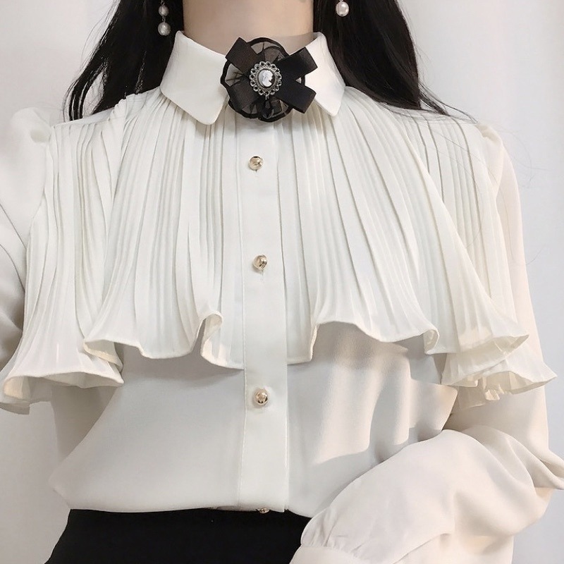 現貨+預購*宮廷風法式荷葉邊蝴蝶結領結雪紡長袖/短袖襯衫 復古 日系 lolita 蘿莉塔 設計感 軟妹 少女 內搭-細節圖8
