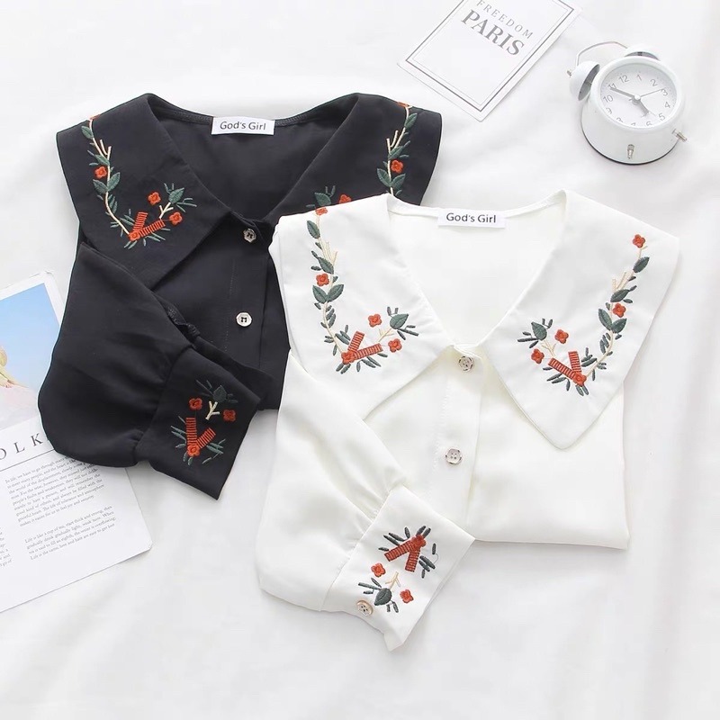 現貨+預購*法式文藝少女刺繡花朵雪紡長袖娃娃領百搭襯衫 春夏 日系 寬鬆 學院風 軟妹 可愛 小清新 上衣-細節圖2