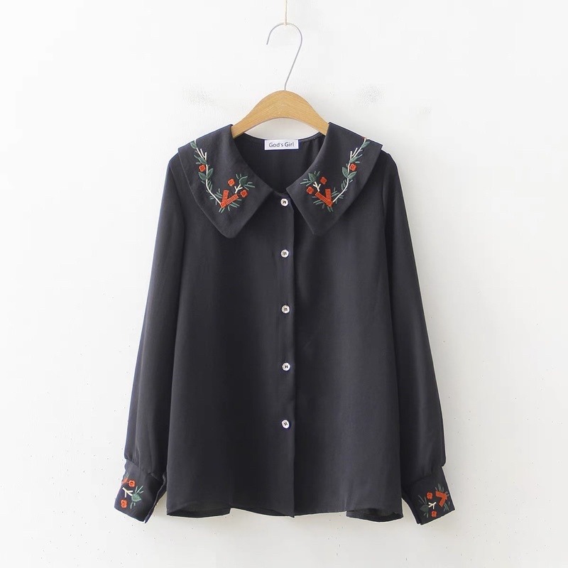 現貨+預購*法式文藝少女刺繡花朵雪紡長袖娃娃領百搭襯衫 春夏 日系 寬鬆 學院風 軟妹 可愛 小清新 上衣-細節圖5