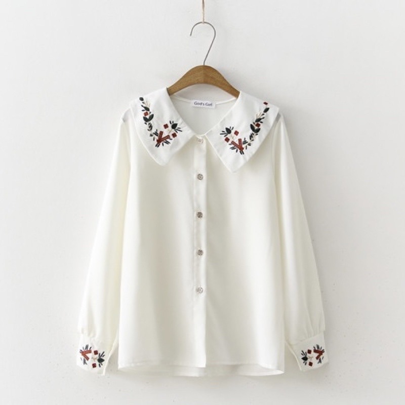 現貨+預購*法式文藝少女刺繡花朵雪紡長袖娃娃領百搭襯衫 春夏 日系 寬鬆 學院風 軟妹 可愛 小清新 上衣-細節圖6