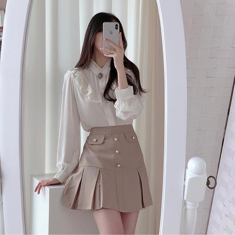 預購*宮廷風設計感領結蕾絲荷葉邊花邊長袖襯衫 法式 小香風 日系 學院風 森女系 氣質 復古 小眾 文藝 軟妹 上衣-細節圖3