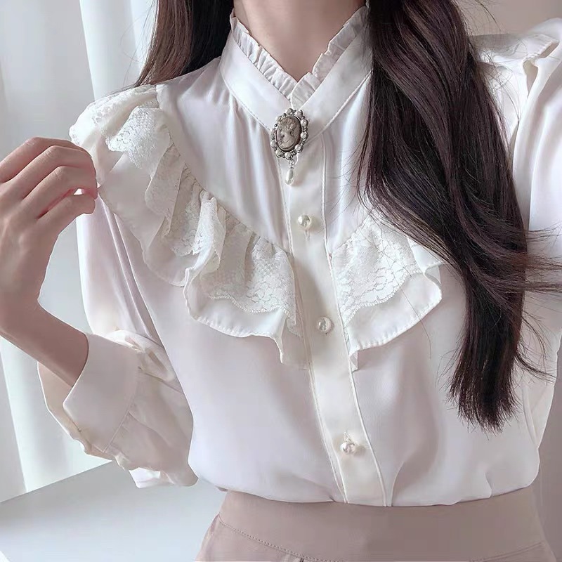 預購*宮廷風設計感領結蕾絲荷葉邊花邊長袖襯衫 法式 小香風 日系 學院風 森女系 氣質 復古 小眾 文藝 軟妹 上衣-細節圖4