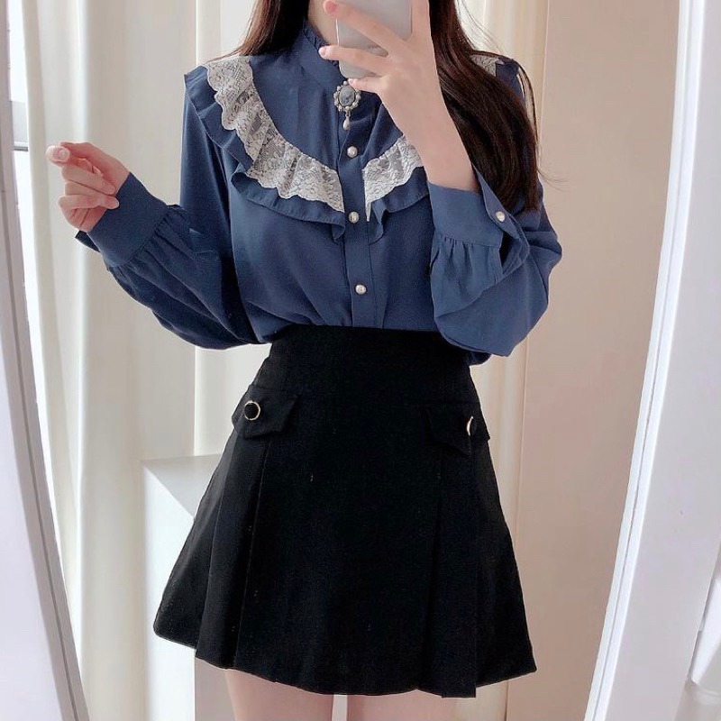 預購*宮廷風設計感領結蕾絲荷葉邊花邊長袖襯衫 法式 小香風 日系 學院風 森女系 氣質 復古 小眾 文藝 軟妹 上衣-細節圖5