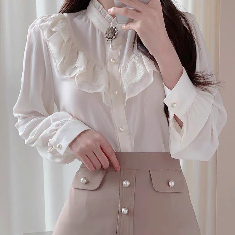 預購*宮廷風設計感領結蕾絲荷葉邊花邊長袖襯衫 法式 小香風 日系 學院風 森女系 氣質 復古 小眾 文藝 軟妹 上衣-細節圖7