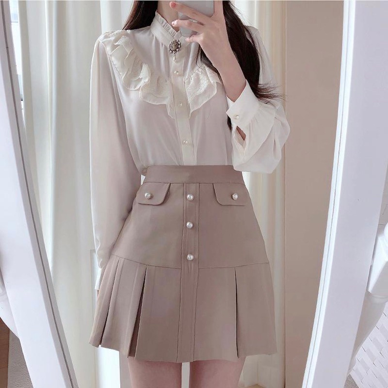 預購*宮廷風設計感領結蕾絲荷葉邊花邊長袖襯衫 法式 小香風 日系 學院風 森女系 氣質 復古 小眾 文藝 軟妹 上衣-細節圖8