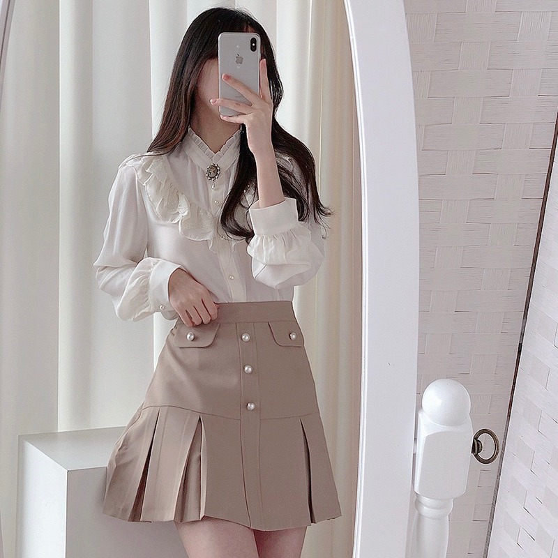 預購*宮廷風設計感領結蕾絲荷葉邊花邊長袖襯衫 法式 小香風 日系 學院風 森女系 氣質 復古 小眾 文藝 軟妹 上衣-細節圖9