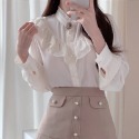 預購*宮廷風設計感領結蕾絲荷葉邊花邊長袖襯衫 法式 小香風 日系 學院風 森女系 氣質 復古 小眾 文藝 軟妹 上衣-規格圖9