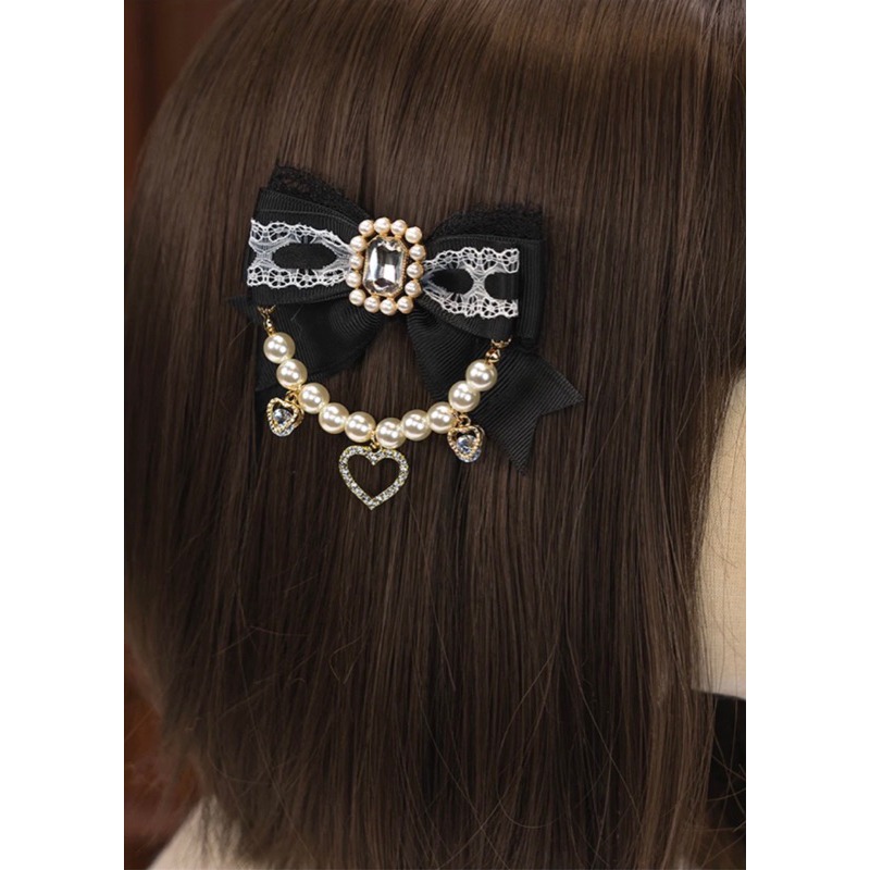 預購*地雷系量產型華麗珍珠鏈條蕾絲愛心水鑽髮夾 對夾 蕾蕾 設計感 日系 亞文化 可愛 飾品 鞋夾 頭飾-細節圖6