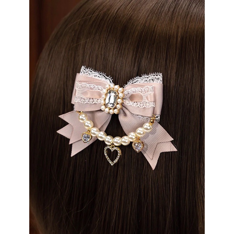 預購*地雷系量產型華麗珍珠鏈條蕾絲愛心水鑽髮夾 對夾 蕾蕾 設計感 日系 亞文化 可愛 飾品 鞋夾 頭飾-細節圖7