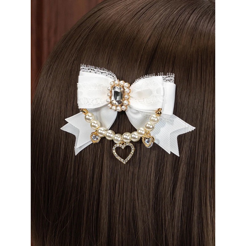 預購*地雷系量產型華麗珍珠鏈條蕾絲愛心水鑽髮夾 對夾 蕾蕾 設計感 日系 亞文化 可愛 飾品 鞋夾 頭飾-細節圖8
