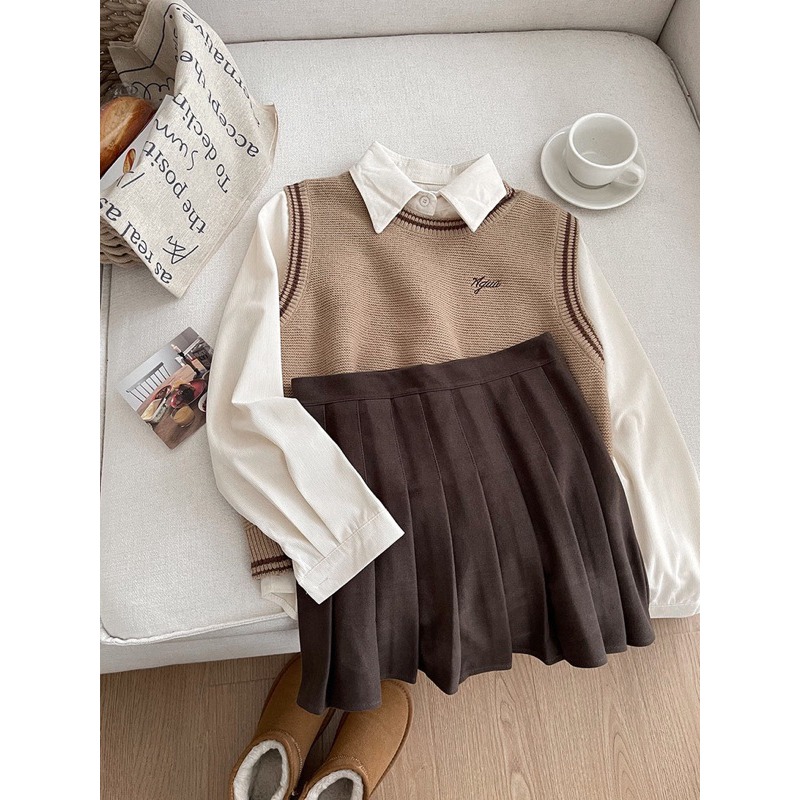 現貨+預購*美式學院風設計感刺繡拼色毛線背心 長袖polo 領襯衫 學院風 日系 設計感 復古 文藝 少女 套裝 上衣-細節圖2