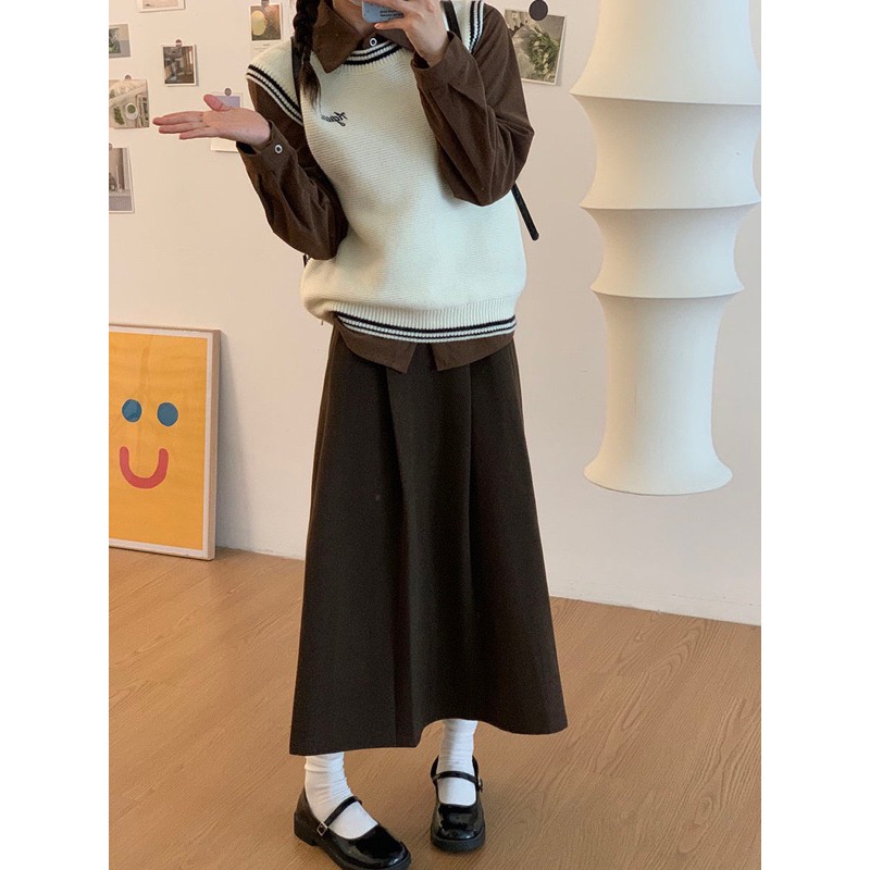 現貨+預購*美式學院風設計感刺繡拼色毛線背心 長袖polo 領襯衫 學院風 日系 設計感 復古 文藝 少女 套裝 上衣-細節圖5