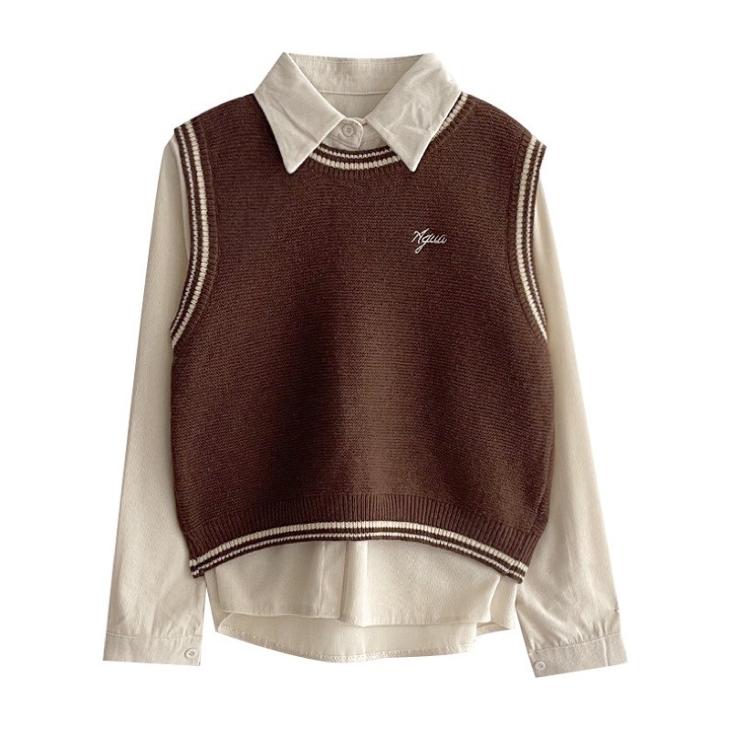 現貨+預購*美式學院風設計感刺繡拼色毛線背心 長袖polo 領襯衫 學院風 日系 設計感 復古 文藝 少女 套裝 上衣-細節圖8