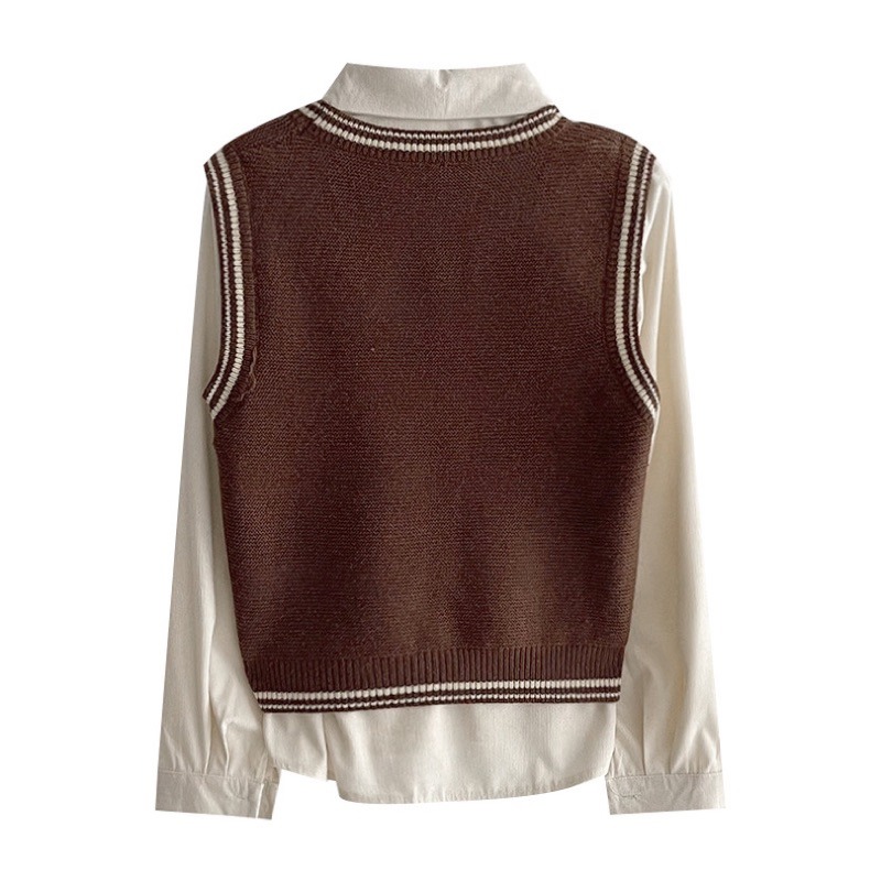 現貨+預購*美式學院風設計感刺繡拼色毛線背心 長袖polo 領襯衫 學院風 日系 設計感 復古 文藝 少女 套裝 上衣-細節圖9