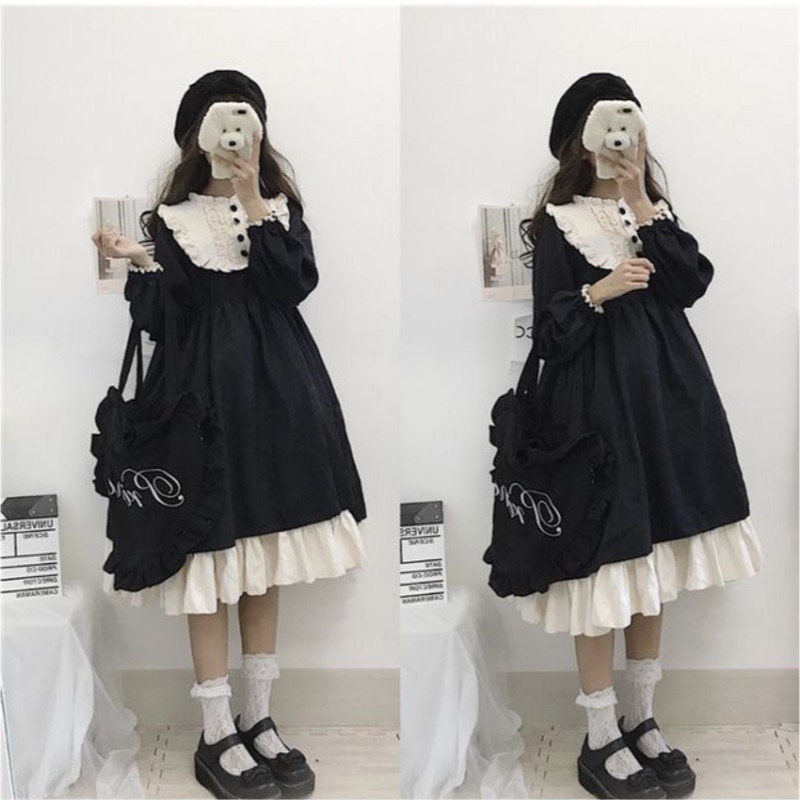 現貨+預購*日系優雅復古拼接黑色荷葉邊娃娃領撞色長袖連身裙 甜美 可愛 少女 暗黑 A字裙 lolita 洋裝-細節圖4
