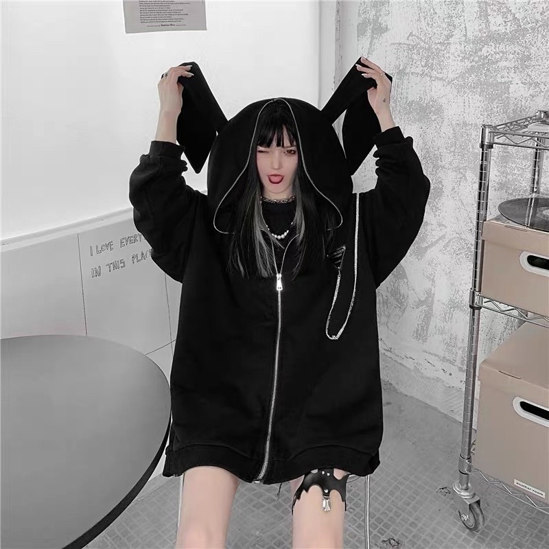 《現貨+預購》個性暗黑哥德地雷系秋冬兔耳加絨加厚連帽長袖衛衣 設計感 硬妹  亞文化 少女 龐克 街頭 原宿風  寬鬆-細節圖5