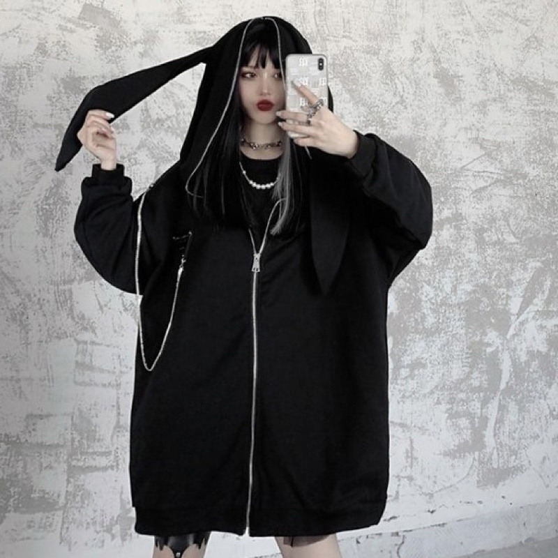 《現貨+預購》個性暗黑哥德地雷系秋冬兔耳加絨加厚連帽長袖衛衣 設計感 硬妹  亞文化 少女 龐克 街頭 原宿風  寬鬆-細節圖6